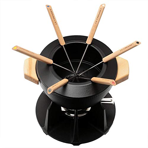 Le Creuset Set de fondue de hierro fundido, Con 2 asas de madera, tapa antisalpicaduras, quemador y 6 tenedores para fondue, Volumen 2.3 L, Negro mate