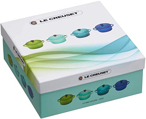 Le Creuset Set de mini cocottes, 4 unidades, Redondas, 200 ml cada una, 10 x 5 cm, Cerámica de gres, Verde y Menta y Turquesa y Azul