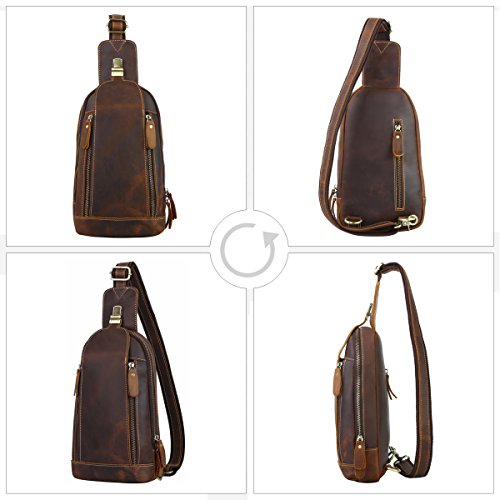 Leathario Bolso Hombro de Pecho Bandolera Cuero Genuino Vintage Grande Shoppers Mochila Cruzada de Viaje Trabajo Casual Crossbody para Hombres Marrón