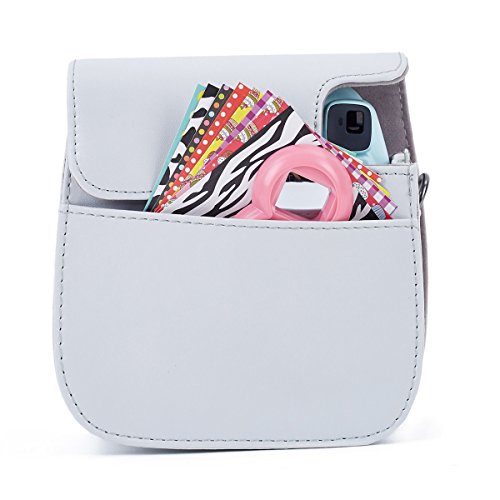 Leebotree Funda Compatible con Instax Mini 9 / Mini 8 8+ Cámara Instantánea, Bolsa de Transporte Fabricada en Cuero, Dispone de Una Correa de Proteger y Bolsillo(Blanco Ahumado)