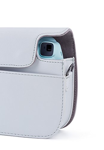 Leebotree Funda Compatible con Instax Mini 9 / Mini 8 8+ Cámara Instantánea, Bolsa de Transporte Fabricada en Cuero, Dispone de Una Correa de Proteger y Bolsillo(Blanco Ahumado)