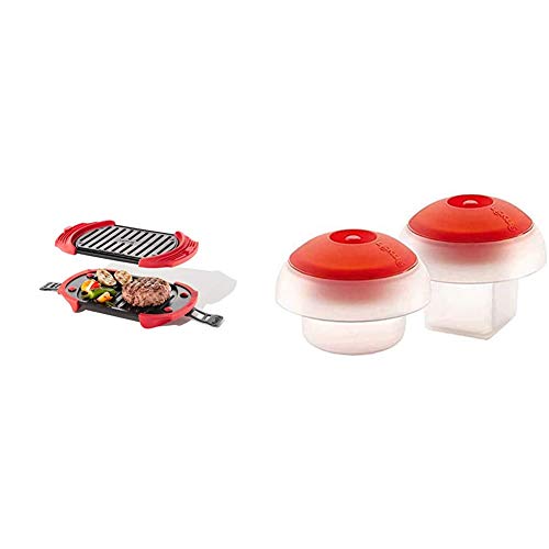 Lékué Microwave Grill, Red microondas, Acero, rojo y negro, 25,4 x 14,5 x 5,3 cm + Kit 2 OVOS (Cub+CIL), Silicona, Blanco/Transparente, centimeters