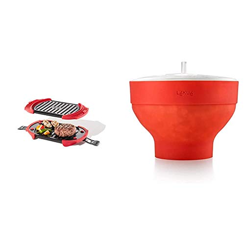 Lékué Microwave Grill, Red microondas, Acero, rojo y negro + Recipiente para cocinar Palomitas, Rojo, 20 cm