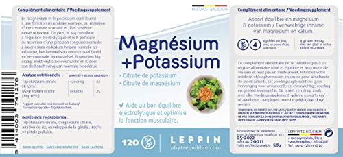 Leppin – Magnesio + Potasio en 120 cápsulas – Citratos minerales – Alta biodisponibilidad – Complemento alimenticio natural.