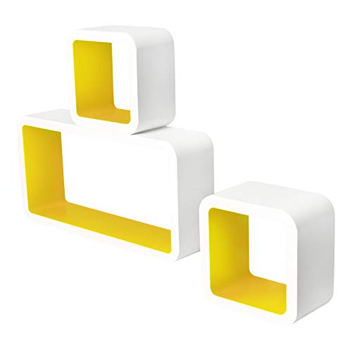 Lestarain LGA017 Juego de 3 Estanteria Cubo de Pared Cuadrada Libreria Repisas Invisibles Estanteria Pared Flotantes Blanco/Amarillo Decorativo CD