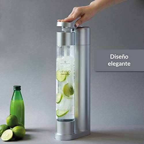 Levivo Botella para máquina de soda Fruit & Fun Slim, botella elegante para 1 l de bebida, con gran abertura para llenarla con fruta, verdura, etc., botella extra para máquina de soda, color Plata