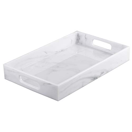 Lewondr Bandeja Decorativa de Joyería con Mango de Mano, Plato Antideslizante de Resina para Cuarto, Baño, Hogar, Salón y Dormitorio, Velas, Jabón, Toalla, Planta, 38 * 24 * 5 CM - Mármol Blanco