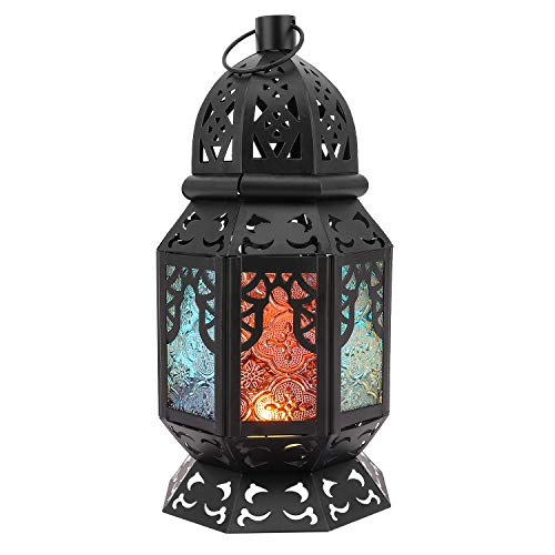 Lewondr Candelero Marruecos Colorido, Lámpara de Vidrio Colorida Estilo Marruecos con Base Fuerte, Lámpara Colgante Linterna de Viento para Hogar, Decoración, Dormitorio, Salón, Talla Pequeño - Negro