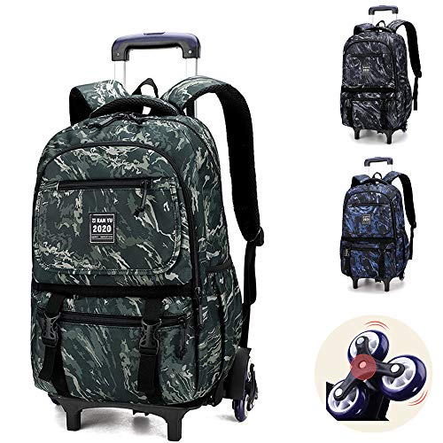 LHY EQUIPMENT Camuflaje Mochila con Ruedas Alta Capacidad Paño de Oxford Impermeable Mochila De Niño Puede Subir Escaleras Mochila Escolar Trolley para Los Grados 5-6 31×16×43CM,Verde