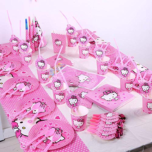 LIAOER Juego Vajilla Desechable-78 Piezas, Decoraciones Biodegradables Fiestas, Juego Accesorios Fiestas Cumpleaños Hello Kitty, para Aniversario, Baby Shower, Barbacoa(10 Personas)