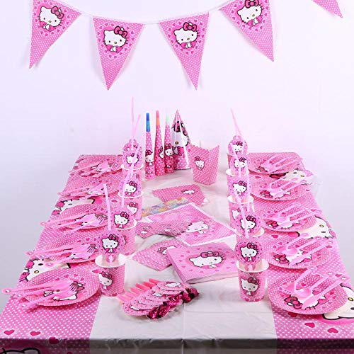 LIAOER Juego Vajilla Desechable-78 Piezas, Decoraciones Biodegradables Fiestas, Juego Accesorios Fiestas Cumpleaños Hello Kitty, para Aniversario, Baby Shower, Barbacoa(10 Personas)