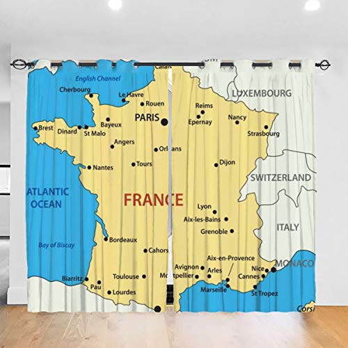 Lichenran Cortinas, Mapa de Francia País Territorio francés Canal Ilustración mediterránea, Juego de 2 Paneles Sala de Estar Dormitorio Cortinas Opacas 104 Pulgadas x 72 Pulgadas （260 cm x 180 cm）