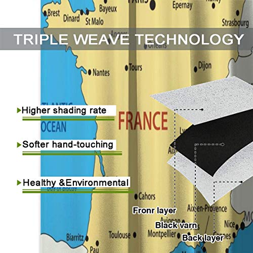 Lichenran Cortinas, Mapa de Francia País Territorio francés Canal Ilustración mediterránea, Juego de 2 Paneles Sala de Estar Dormitorio Cortinas Opacas 104 Pulgadas x 72 Pulgadas （260 cm x 180 cm）