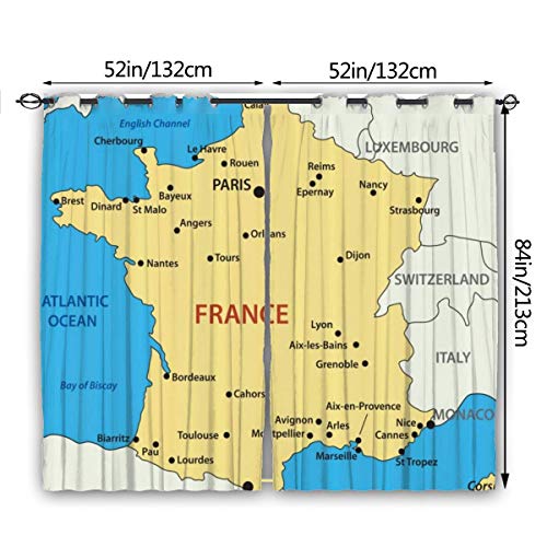 Lichenran Cortinas, Mapa de Francia País Territorio francés Canal Ilustración mediterránea, Juego de 2 Paneles Sala de Estar Dormitorio Cortinas Opacas 104 Pulgadas x 72 Pulgadas （260 cm x 180 cm）