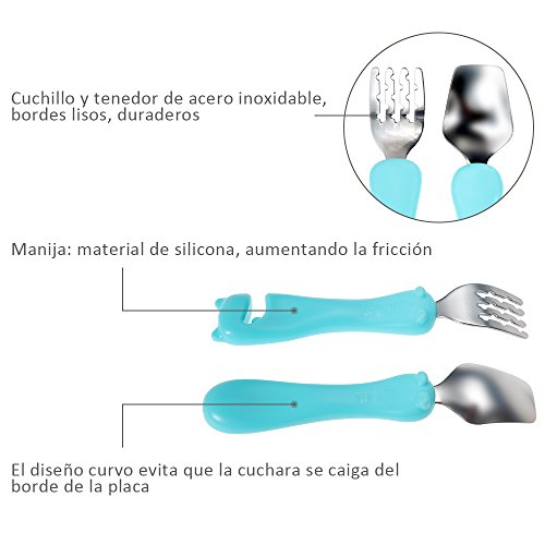 Lictin 5 piezas Juego de tenedores y cucharas para bebés PP de calidad alimentaria y acero inoxidable Vajilla azul claro and verde limón para bebé con bolsa de almacenamiento, paquete de 5 Pcs