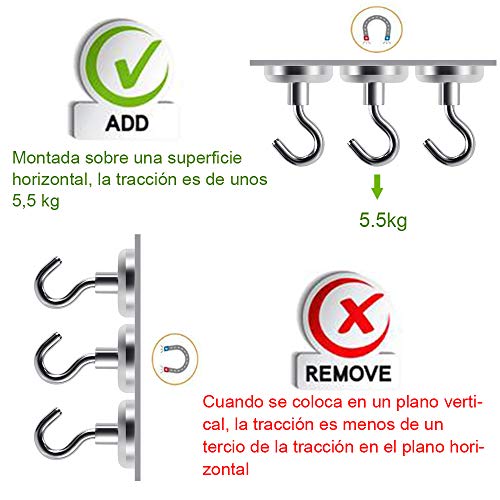 Lictin 6 pzas Ganchos magnéticos 34kg 75lbs de Fuerza de Atracción Imán Potente del Neodimio Ultra fuertes 32mm Diámetro (10 PCS)