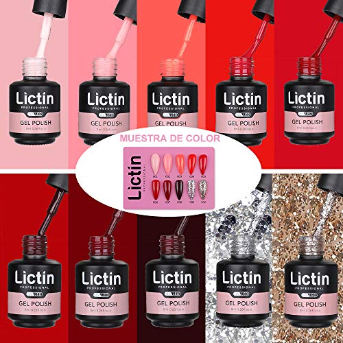 Lictin kit Uñas de Gel-10 Colores Kit Poly Gel para Uñas con 36w LED Lámpara, 8ML Esmalte Semipermanente Gel Uñas con Capa Base Capa Superior, Removedor de Uñas, Herramientas de Manicura