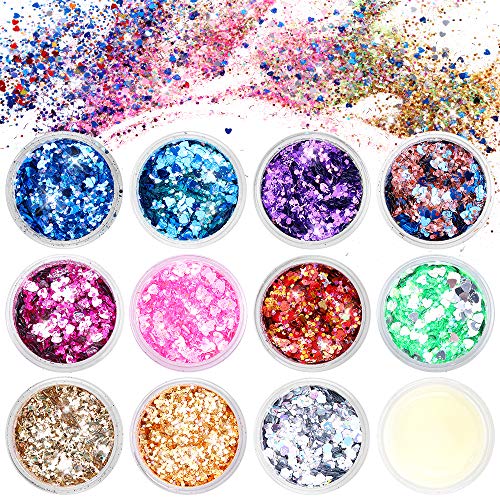 Lictin Purpurina para Cara Cuerpo Pelo Rostro Uñas Mejilla Paillette Maquillaje Brillantes Corazones Estrellas 11 colores para vacaciones