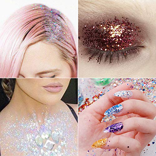 Lictin Purpurina para Cara Cuerpo Pelo Rostro Uñas Mejilla Paillette Maquillaje Brillantes Corazones Estrellas 11 colores para vacaciones