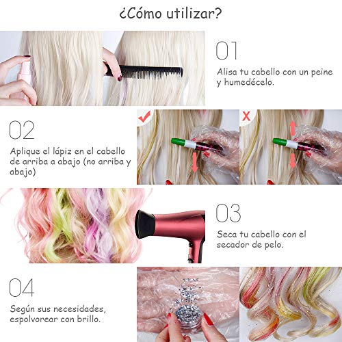 Lictin Tiza para el cabello Tintes capilares con tiza Para niños y niñas Pluma de tinte temporal para el cabello de destello metálico No tóxico Lavable