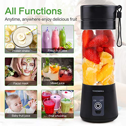 Licuadora portátil Smoothie Maker, Tenswall Licuadora personal con 6 cuchillas de acero inoxidable, licuadora portátil con USB recargable, 380 ml y sin BPA para el hogar, viajes, exteriores