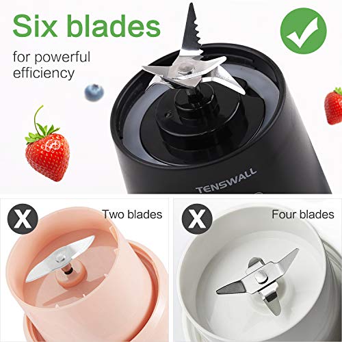 Licuadora portátil Smoothie Maker, Tenswall Licuadora personal con 6 cuchillas de acero inoxidable, licuadora portátil con USB recargable, 380 ml y sin BPA para el hogar, viajes, exteriores