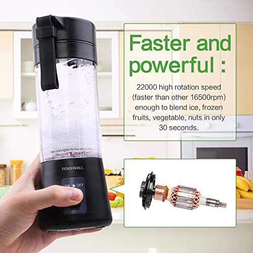 Licuadora portátil Smoothie Maker, Tenswall Licuadora personal con 6 cuchillas de acero inoxidable, licuadora portátil con USB recargable, 380 ml y sin BPA para el hogar, viajes, exteriores