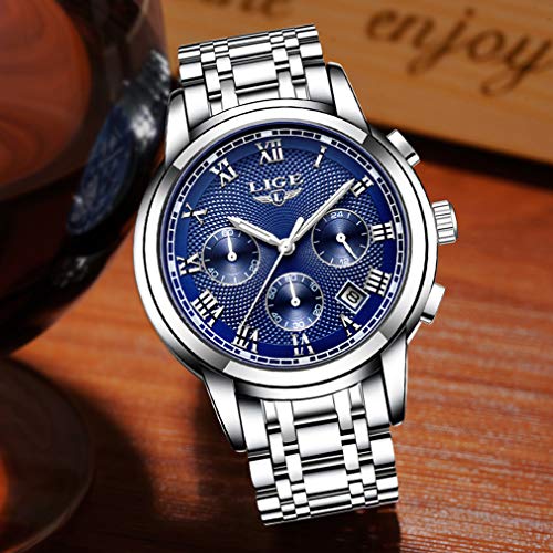 LIGE Relojes Hombre Negocio Acero Inoxidable Impermeable Cuarzo Analógico Reloj Cronógrafo Fecha Calendario Vestido Reloj de Pulsera