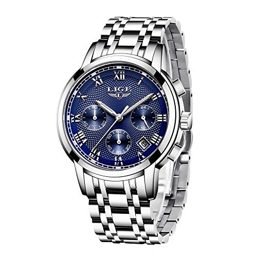 LIGE Relojes Hombre Negocio Acero Inoxidable Impermeable Cuarzo Analógico Reloj Cronógrafo Fecha Calendario Vestido Reloj de Pulsera