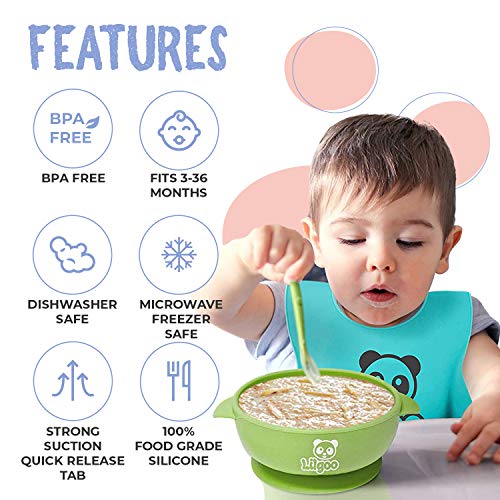 LilGoo Tazones de Silicona de 3 piezas para bebés - 11 cm de ancho, Tazones de succión para el bebé con 1 cuchara, pegamento perfecto para la alimentación, microondas, congelador y lavavajillas