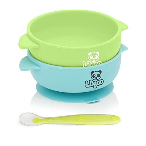 LilGoo Tazones de Silicona de 3 piezas para bebés - 11 cm de ancho, Tazones de succión para el bebé con 1 cuchara, pegamento perfecto para la alimentación, microondas, congelador y lavavajillas