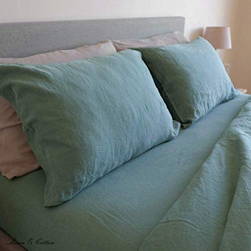 Linen & Cotton Funda de Almohada Alicia, 100% Lino Lavado a La Piedra - 50 x 70cm (Verde Menta)