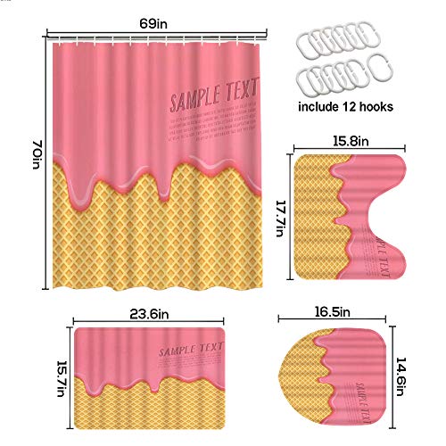 LISUMAL 4 Piezas de Alfombra de baño Antideslizant,Crema Fresa Derretir Oblea Galleta Líquido Dulce Delicioso Postre Delicioso,Tapa de Inodoro Alfombrilla de baño Cortina de Ducha
