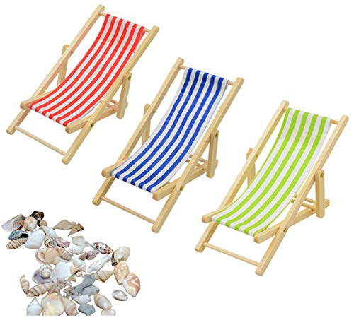 Liuer 3pcs 1:12 Miniatura Silla de Playa Plegable de Madera Chaise Longue Silla de Cubierta Mini Accesorios de Muebles Red Blue Green Stripe Playa Césped Silla de Cubierta casa de muñecas Accesorio