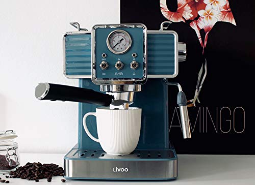 Livoo DOD174 - Cafetera de café espresso (15 bares, calentador Thermoblock | Boquilla de vapor para capuchino, leche caliente | Aspecto retro azul 1300 W