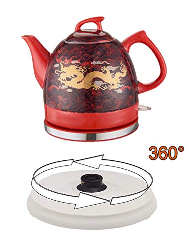 LJYY Tetera eléctrica de cerámica sin Cable, Jarra Retro de 1 l, 1200 W de Agua rápida para té, café, Sopa, Base extraíble de Avena, protección para hervir en seco, Rojo