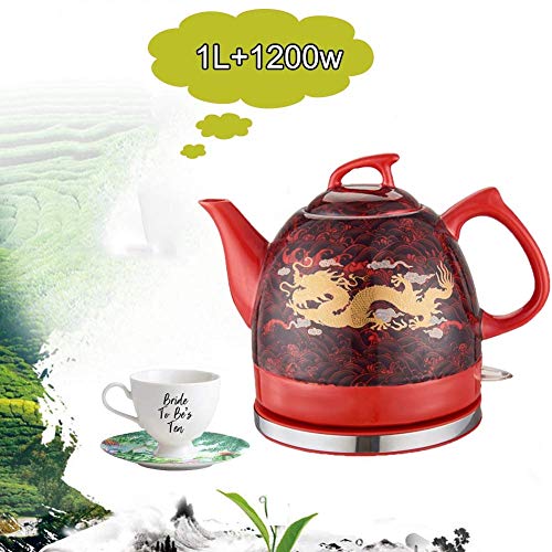 LJYY Tetera eléctrica de cerámica sin Cable, Jarra Retro de 1 l, 1200 W de Agua rápida para té, café, Sopa, Base extraíble de Avena, protección para hervir en seco, Rojo