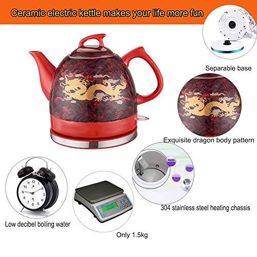 LJYY Tetera eléctrica de cerámica sin Cable, Jarra Retro de 1 l, 1200 W de Agua rápida para té, café, Sopa, Base extraíble de Avena, protección para hervir en seco, Rojo