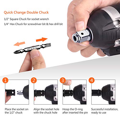 Llave de Impacto, GOXAWEE 20V Atornillador de Impacto (Batería de litio 4.0Ah, 300Nm / Brushless / 12,7mm & 6,35mm Mandril / 2 Velocidades) con 11 Accesorios Incluir Bolsa Herramientas