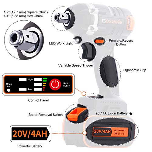 Llave de Impacto, GOXAWEE 20V Atornillador de Impacto (Batería de litio 4.0Ah, 300Nm / Brushless / 12,7mm & 6,35mm Mandril / 2 Velocidades) con 11 Accesorios Incluir Bolsa Herramientas