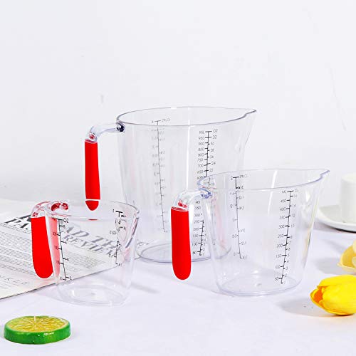 LOCOLO Juego de 3 tazas medidoras de plástico, sin BPA, taza de medición multifunción con mango y boquilla de 1, 2 y 4 tazas resistentes al calor transparentes con medición de ml y onzas