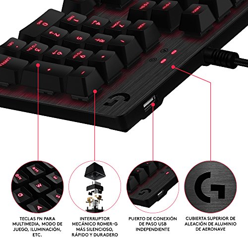 Logitech G413 - Teclado Gaming Mecánico, Teclas Retroiluminadas, Teclas Romer-G Táctil, Aleación de Aluminio 5052, Personalizable, Conexión de Paso de USB, QWERTY Español, Carbón