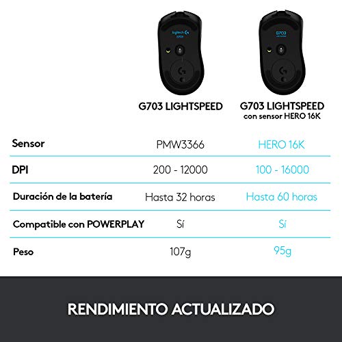 Logitech G703 Lightspeed Ratón Gaming Inalámbrico, Captor Hero 16,000 dpi, Pesos Ajustables, 6 Botones Programables, Memoría Integrada, Compatible con PC/Mac, Negro