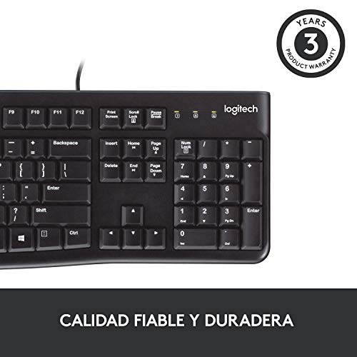 Logitech K120 Teclado con Cable Business para Windows, Tamaño Normal, Resistante a Líquido, Barra Espaciadora Curvada, PC/Portátil, Disposición QWERTY Español, Color Negro