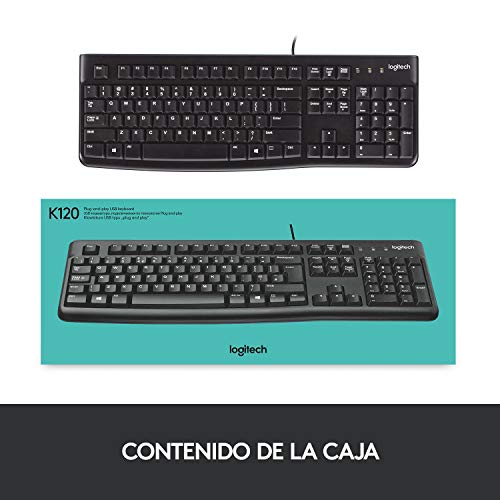 Logitech K120 Teclado con Cable Business para Windows, Tamaño Normal, Resistante a Líquido, Barra Espaciadora Curvada, PC/Portátil, Disposición QWERTY Español, Color Negro