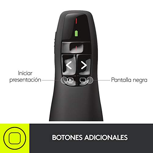 Logitech R400 Presentador Inalámbrico, 2,4 GHz con Receptor USB, Puntero Láser Digital Rojo, Distancia de 30 Metros, 6 Botones, Controles Intuitivos, Indicador de Batería, Compatible con PC, Negro