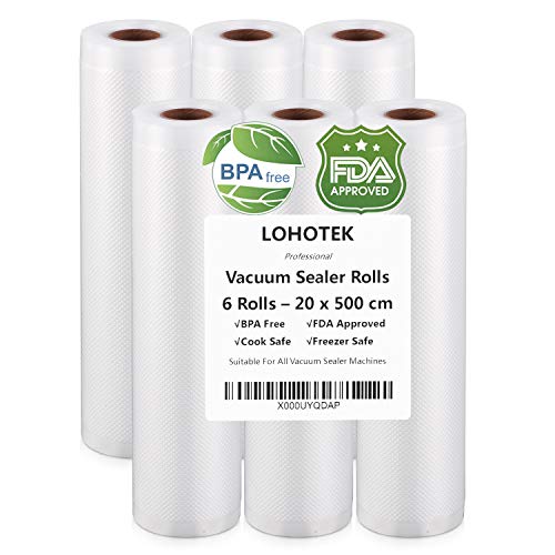 LOHOTEK Bolsas al Vacio, Rollos para Envasadora Sellador de Vacío 6 Rollos 20 x 500cm Bolsas Profesional para la Conservación de Alimentos Protector la Comida para Cocina