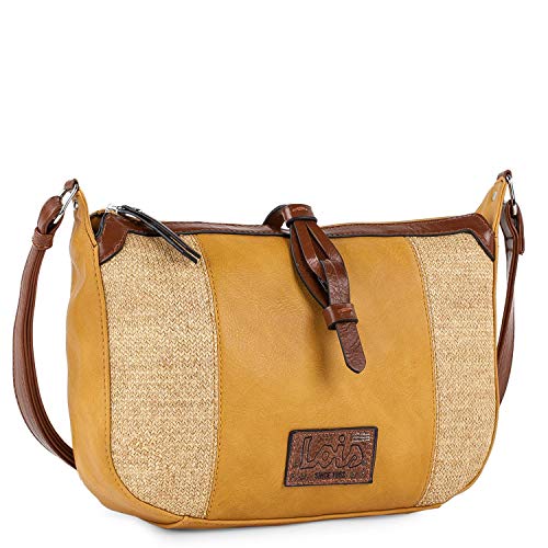 Lois - Bolso Pequeño Bandolera de Mujer Tipo Góndola. Rafia y Cuero PU. Práctico y Cómodo para Diario Bonito Diseño, Resistente 307430, Color Mostaza