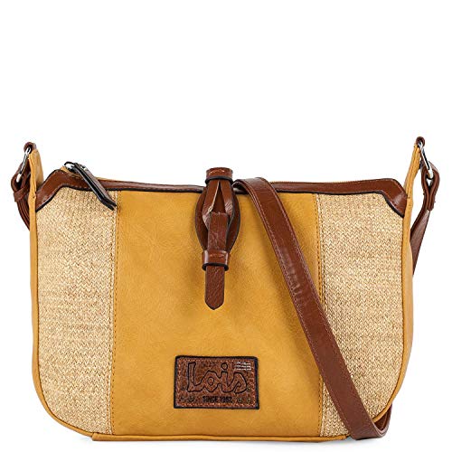 Lois - Bolso Pequeño Bandolera de Mujer Tipo Góndola. Rafia y Cuero PU. Práctico y Cómodo para Diario Bonito Diseño, Resistente 307430, Color Mostaza