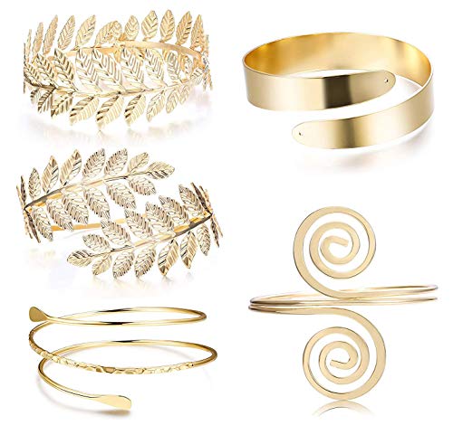 LOLIAS 5 Piezas Brazalete Ajustable Abierto para Mujeres Pulsera de Brazo Gitana Minimalista Bohemia Brazalete Chapado en Oro Brazalete de Hoja Brazaletes de Abrigo Apilable Pulsera Ancha